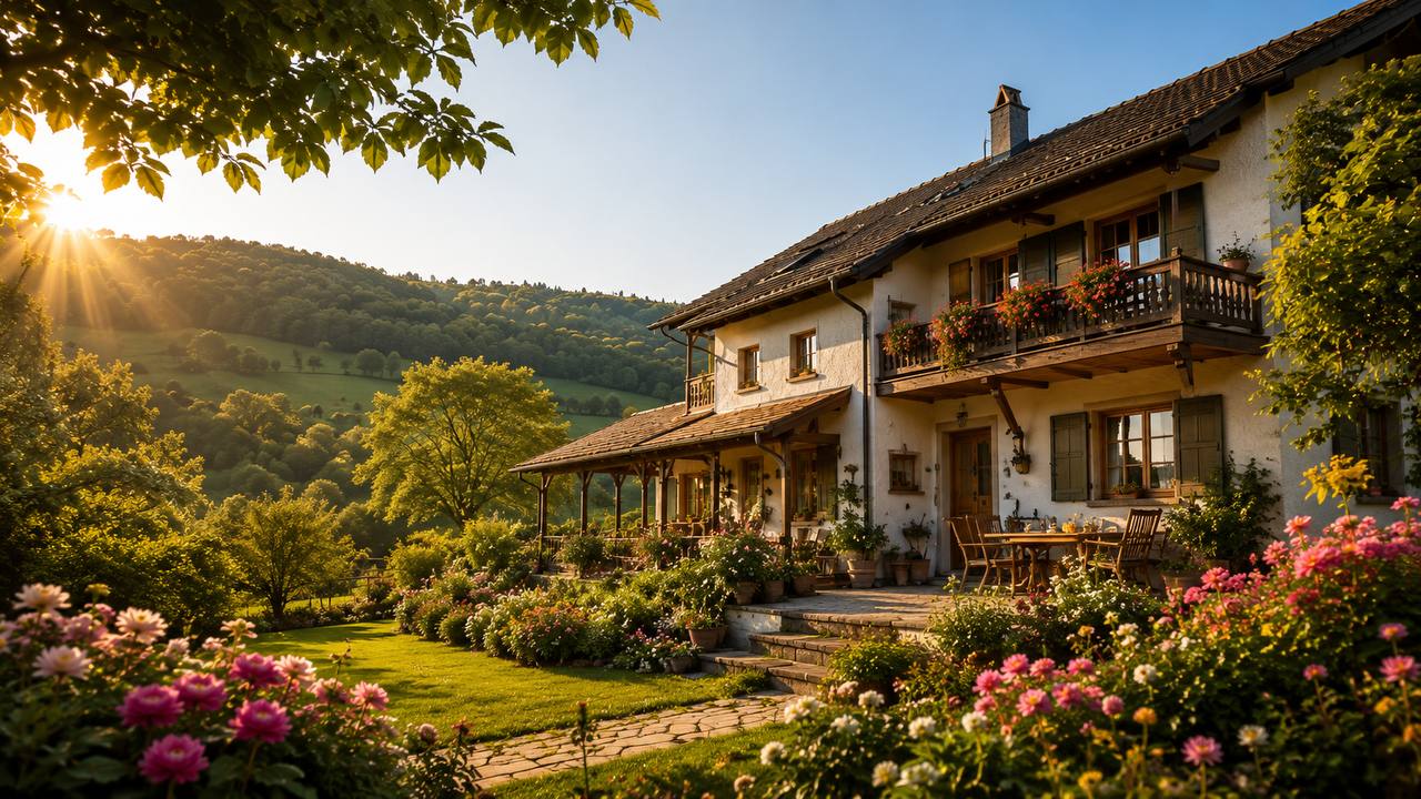 Landhaus mit Garten, Blumen und Sonne